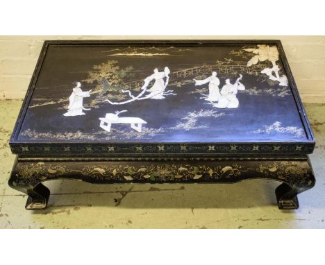 LOW TABLE, 31cm H x 86cm x 56cm, mid 20th century, Chinese black lacquer with gilt and low relief mother of pearl decoration.