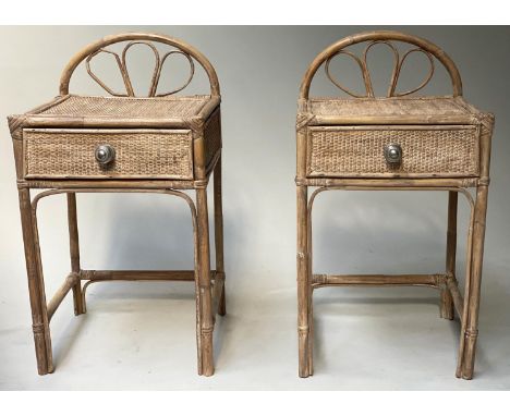 LAMP TABLES, a pair, rattan framed and cane panelled each arched with drawer, 34cm x 33cm x 61cm H. (2) 