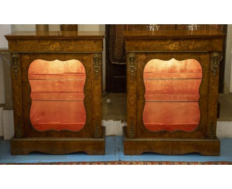 DISPLAY CABINETS, a pair, 107cm H x 83cm W x 30cm D, mid Victorian walnut, marquetry and gilt metal mounted, each adapted wit