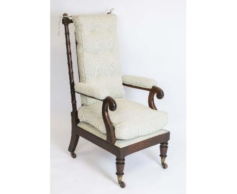 OPEN ARMCHAIR, 117cm H x 61cm Regency mahogany, circa 1820, in ticking with loose back and seat cushions on ceramic castors. 