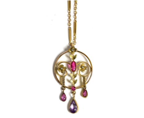 An early twentieth century garnet, amethyst and seed pearl pendant, on a fancy bar link chain, 7.2g