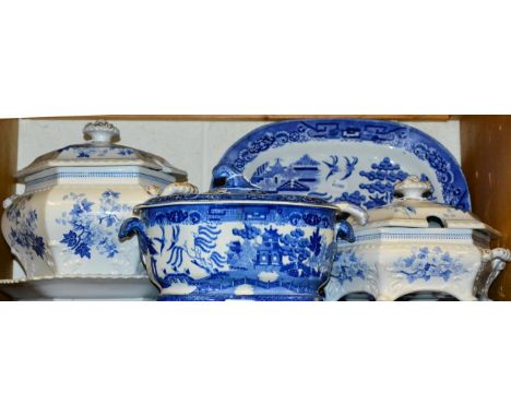 A Ridgway stone china soup tureen, cover and stand, circa 1825, of hexagonal form, printed in underglaze blue with the Japan 