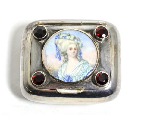 An Edwardian silver snuff box, makers mark HAL, London 1905, the hinged cover set with a portrait miniature and garnet set co