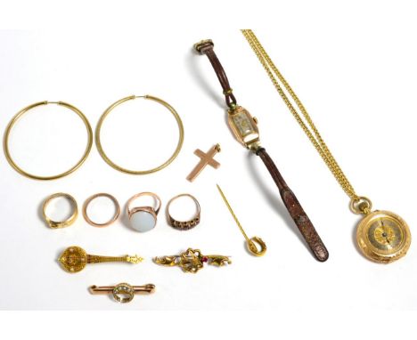 A lady's fob watch, case stamped 14K; three brooches stamped 375, 15 and 9c; a horseshoe stick pin stamped '18ct'; a 9 carat 