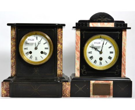 A Victorian black slate and marble striking mantel clock and a Victorian marble and black slate mantle timepiece with present