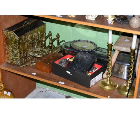 A shelf of brass ware, plated wares, fish kettle and a stoneware jar George Storey &amp; Co Rothbury, etc