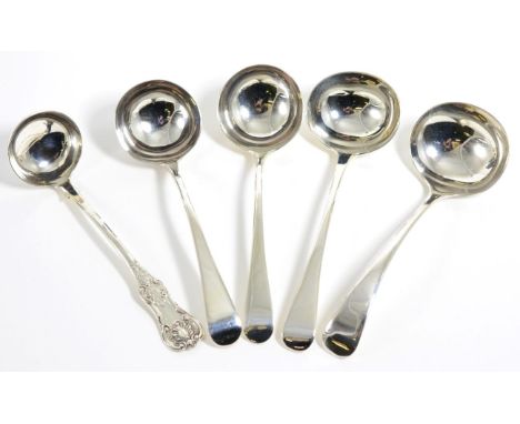 Two George III silver Old English pattern sauce ladles, London 1786/89; two later examples Chawner &amp; Co, 1851 and Walker 