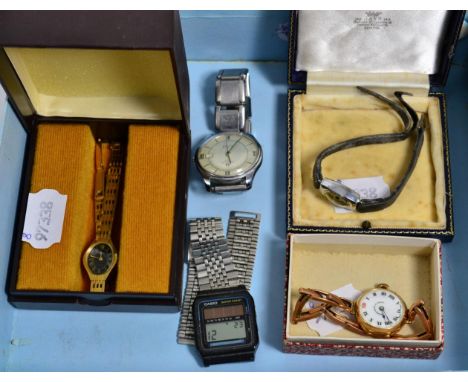 Three lady's wristwatches, one case stamped 14k, gents Tissot wristwatch and a Casio digital battery driven wristwatch, (5) 