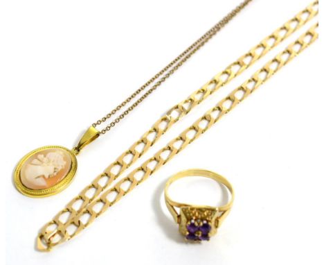 A 9 carat gold cuban link necklace; an amethyst ring; and a cameo pendant on chain, 15.5g gross 