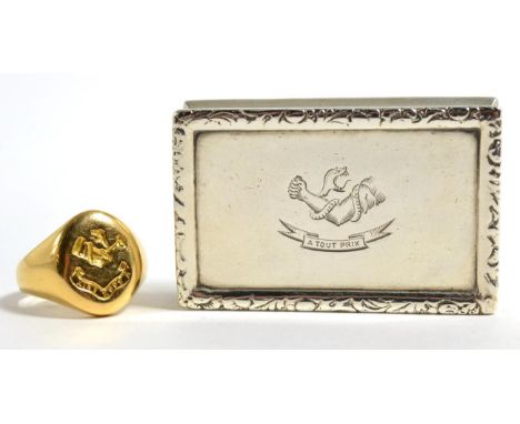 An Edwardian silver snuff box, 'R.C', Birmingham, 1908; and an 18 carat gold signet ring, fs Q, 19.1g, both crested with mott