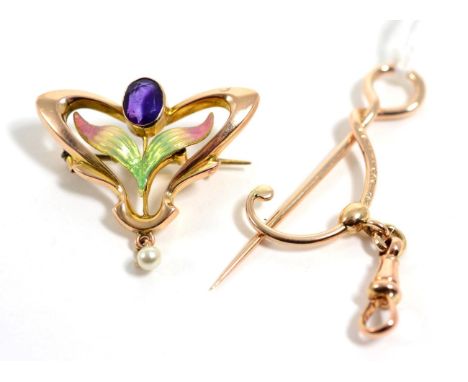 An Art Nouveau enamel, amethyst and seed pearl brooch, measures 2.5cm by 3cm, stamped '9CT' and a Murrle Bennett scroll brooc