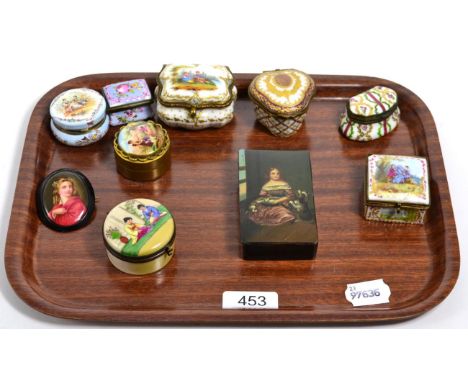 A group of 18th century and later enamel patch boxes including two by Serves, a Sitzendorf example and others, together with 