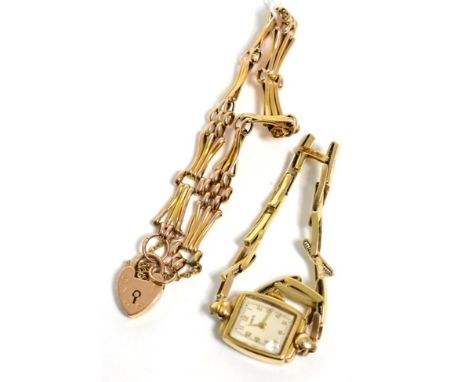 A gate link bracelet with padlock clasp, stamped '9CT', 9g; and a 9 carat gold cased Everite wristwatch on a 9 carat gold bra