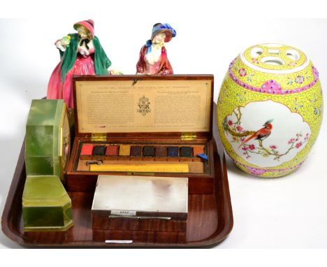 A George Rowney ''Colour Box'', unused colours; two Royal Doulton figures ''Paisley Shawl'' and ''Lady Chairman''; a Chinese 