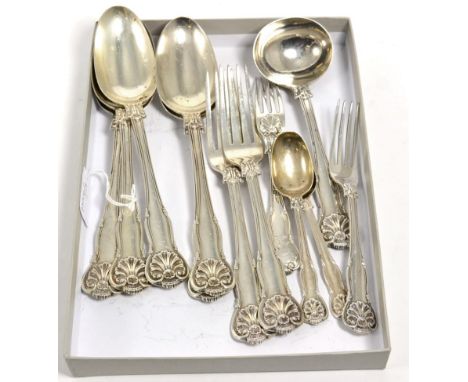 A part service of George IV silver Kings Husk pattern flatware, William Chawner, London 1827, comprising: 5 table spoons; 2 t