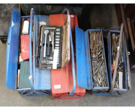 Large collection of tools in three cantilever metal boxes and four others, spanners, drill bits hammers, socket sets etc 