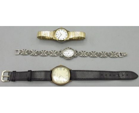 Rotary gold plated wristwatch with date, signed gold tone Roman dial with centre seconds, cushion case with snap on stainless