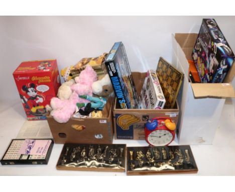 Mybelle Mickey Mouse character phone, collection of magic tricks, chess set, modern Ingersoll alarm clock, Jacques Mah Jongg 