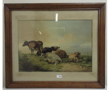 After Thomas Sidney Cooper (British 1803-1902); Cattle grazing in a landscape, oleograph, 40cm x 56cm in oak frame 