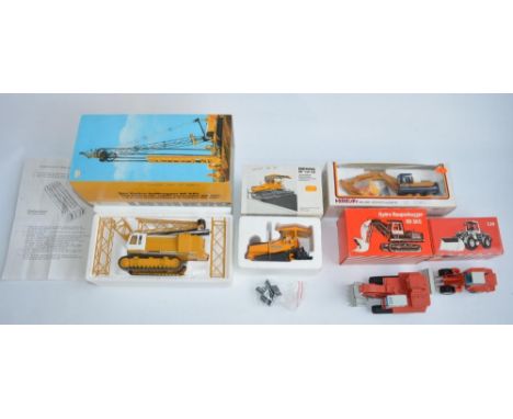 Five boxed 1/50 scale diecast plant models, all with damage/missing parts to include a Conrad Liebherr HS881 Hydraulic Cable 