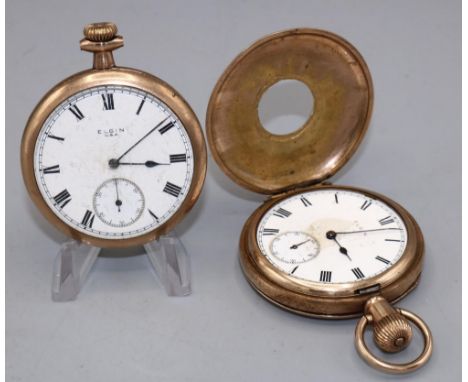 Elgin rolled gold keyless half hunter pocket watch, signed wite enamel Roman dial with subsidiary seconds, A.W.C. Co. Empress