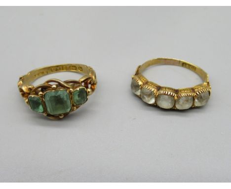 Victorian 18ct yellow gold ring set with green stones, size M, another 18ct yellow gold ring set with five clear stones, size