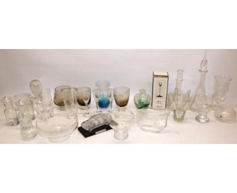 Collection of glassware, predominantly Dartington, incl. a 'Sharon' decanter, mallet decanter, oil bottles, hurricane lamp, p