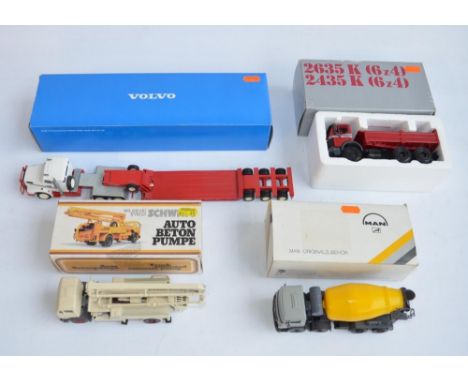 Three 1/50 scale diecast plant truck models to include Conrad Volvo NL12 Intercooler Heavy Haulage Low-Loader (Mod No 0012, m