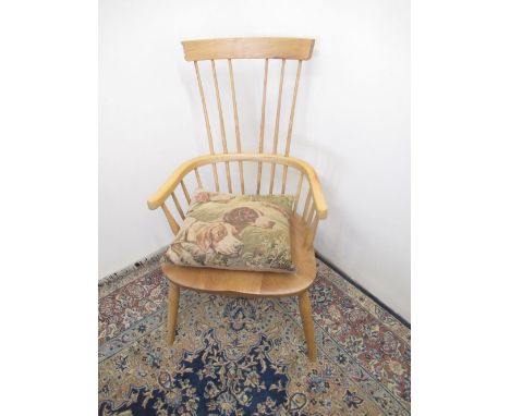 Modern ash and elm comb back Windsor chair with cow horn arms and cushion 