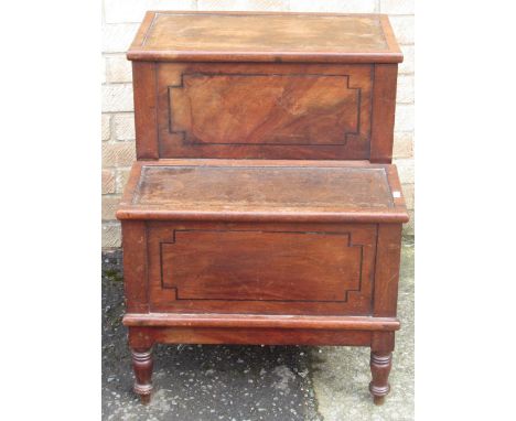 C19th mahogany step commode with panelled sides and two hinged leather inset treads, on turned supports, W54cm D54cm H70cm 