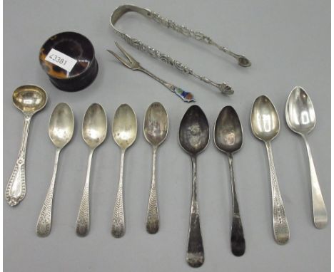 19th century silver pair of hallmarked sugar tongs, by T.W shell bowls, silver mounted tortoise shell patch box, Birmingham, 