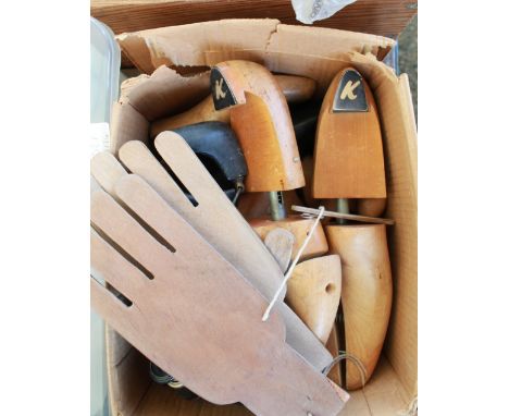 Three heavy duty sash clamps and a box of vintage shoe stretchers 