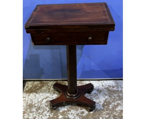 William 1V boxwood strung rosewood pedestal games table, swivel folding top inlaid for chess and backgammon, above drawer, on