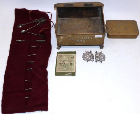 Various collectables, comprising a 1953 FA Cup Final ticket for Blackpool v Bolton Wanderers; nurse's silver belt buckle; tre