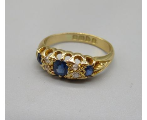 18ct yellow gold sapphire and diamond ring, stamped 18ct, size O, 3.6g 