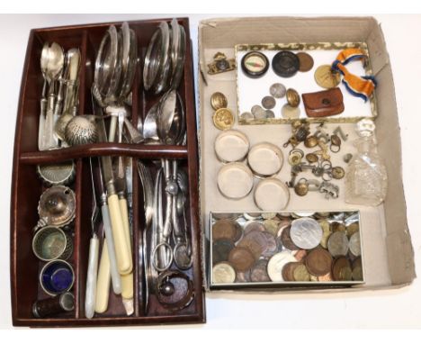 Various collectables incl. four hallmarked silver napkin rings, coins incl. a Geo III silver shilling, military buttons, ESL 