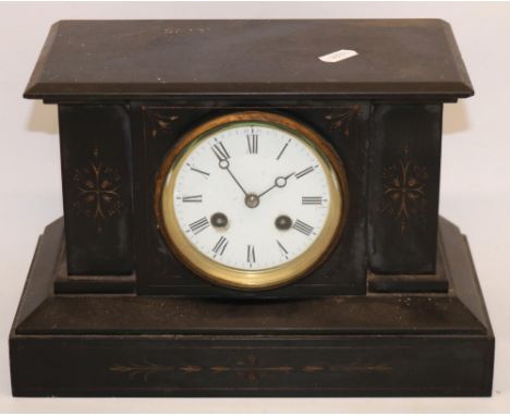 French C19th slate mantel clock, white enamel Roman dial, two train rack striking movement on a bell no. 22521, H19cm 