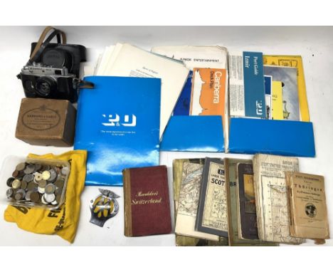 Various collectables incl. a Zorki-4K 35mm camera, world coins, AA car badge, P&amp;O passenger information folders, etc. (qt