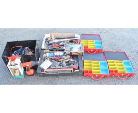 Collection of mostly previously used tools and workshop items to include a Black &amp; Decker cordless drill, Bosch angle gri