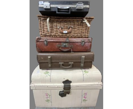 Wicker picnic basket, painted metal trunk, two suitcases and a briefcase, max. L79cm (5) 
