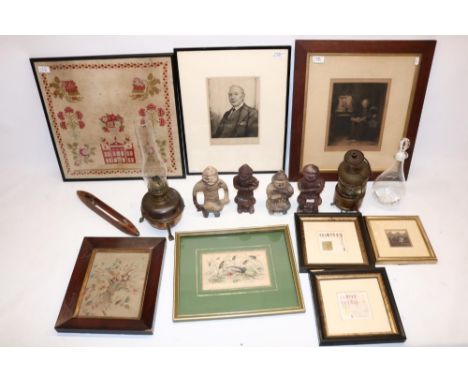 Various collectables incl. carved soapstone figures, H20cm; oil lantern; wooden weaving shuttle stamped Crossley's; two needl