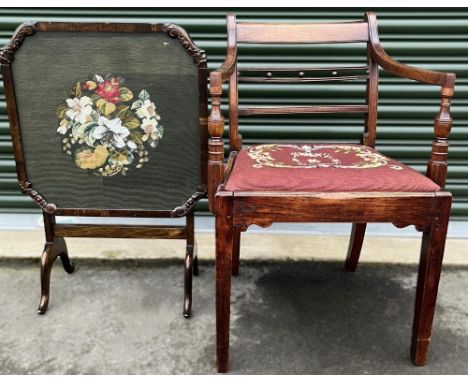 C19th mahogany open elbow chair, on square tapered supports with woolwork drop-in seat, a folding table/screen with glazed wo