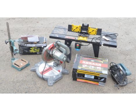 Performance 1400W 210mm compound mitre saw, Guild 850W belt sander with unopened 40 grit 5 belt pack, Black &amp; Decker 550W