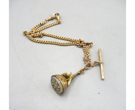 9ct yellow gold flat curb link albert chain, stamped 375, with 9ct yellow gold masonic pendant, 27.38g 