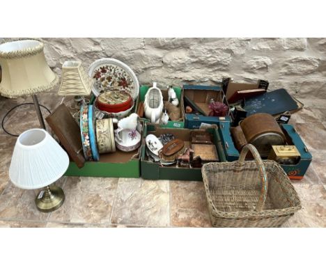 Various ceramics and collectables incl. Beswick Mrs Tiggy Winkle, album of postcards, album of stamps, Art Deco mantle clock,