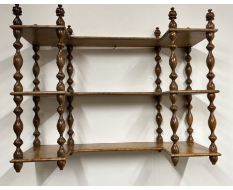 Maple inverted beak front three tier wallshelf, on bobbin turned supports, WS61cm D21cm H49cm 