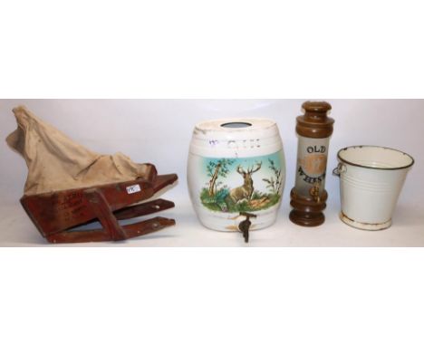 C20th 'Old Whisky' dispenser and cover, H39cm; ceramic gin barrel decorated with a stag, H34cm; 'The Aero' Seed Sower; and an