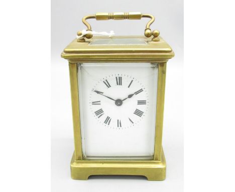 Early C20th French 8 day presentation brass carriage clock timepiece, white enamel Roman dial, visible cylinder escapement, m