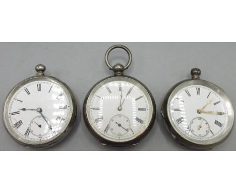 Swiss white metal key wound pocket watch, white enamel Roman dial with subsidiary seconds, engine turned coin edged case no. 