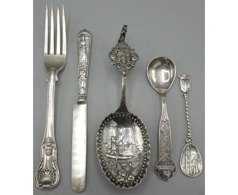 Collection of C19th and later Continental silver cutlery incl. Dutch silver caddy spoon, large bowl with repousse decoration 